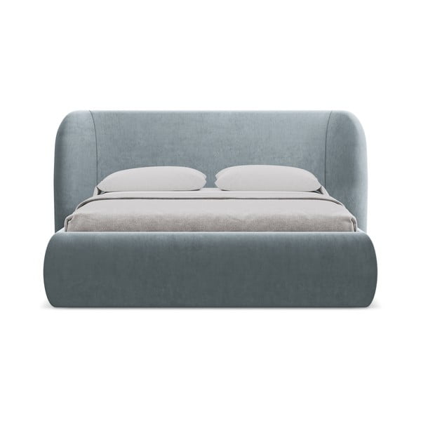 Pat matrimonial albastru deschis tapițat cu spațiu de depozitare cu somieră 160x200 cm Hauke – Makamii-image-4