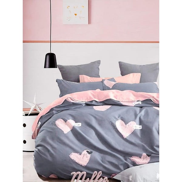 Lenjerie de pat roz/gri din bumbac ranforcé pentru pat dublu/extinsă cu cearceaf inclus/cu 4 piese 200x220 cm Beloved – Mila Home