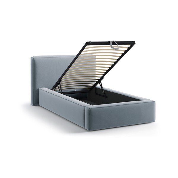 Pat albastru deschis tapițat cu spațiu de depozitare cu somieră 90x200 cm Jodie – Micadoni -image-1