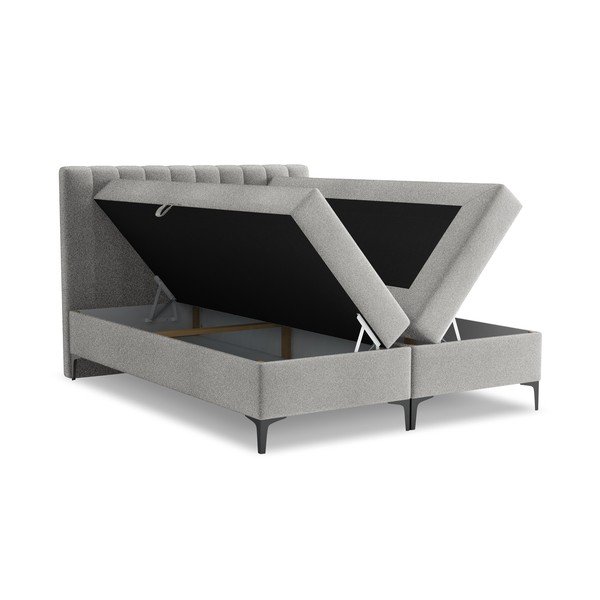 Pat boxspring gri deschis cu spațiu de depozitare 160x200 cm Puhala – Makamii-image-1