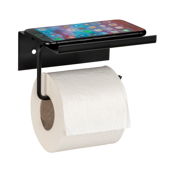 Suport pentru hârtie igienică negru autoadeziv/cu raft din metal Desulo – Wenko