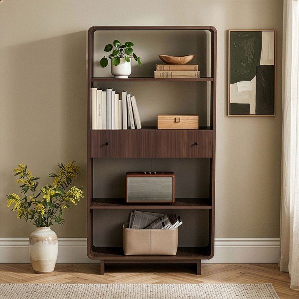 Bibliotecă în culoare naturală închisă cu aspect de lemn de nuc 78x153x34 cm Senza – Nordure-image-1