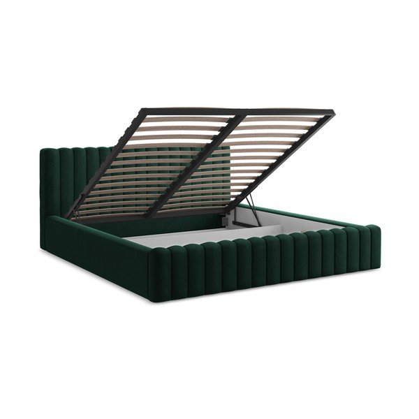 Pat matrimonial verde închis tapițat cu spațiu de depozitare cu somieră 140x200 cm Lemi – Makamii-image-3