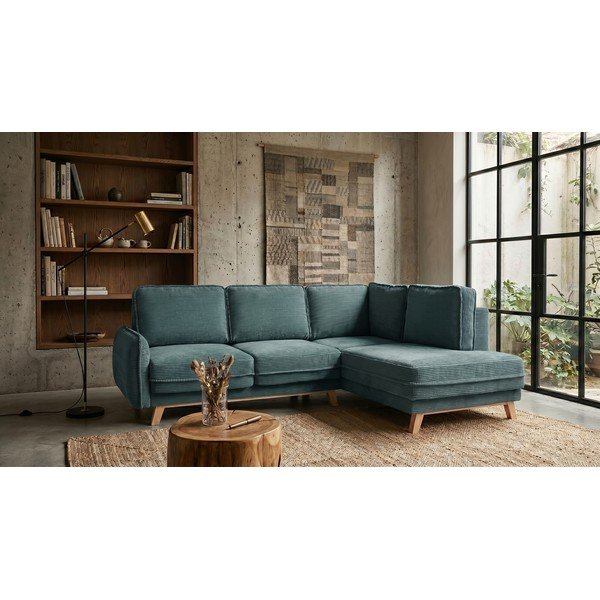 Colțar turcoaz extensibil cu tapițerie din catifea reiată  (cu colț pe partea dreaptă) Tori – Bonami Selection-image-1