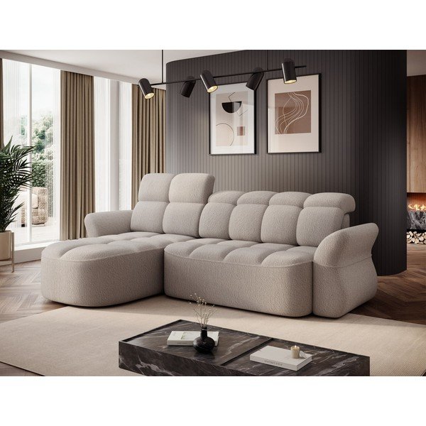 Colțar bej extensibil/cu spațiu de depozitare cu tapițerie din țesătură bouclé (cu colț pe partea stângă/cu șezlong) Beneth – ELTAP-image-3