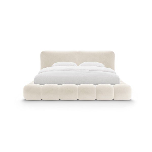 Pat matrimonial fildeș tapițat cu spațiu de depozitare cu somieră 160x200 cm Solange – Micadoni -image-4