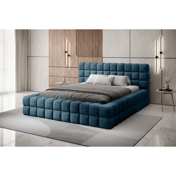 Pat matrimonial albastru tapițat cu spațiu de depozitare cu somieră 140x200 cm Dizzle – ELTAP-image-1