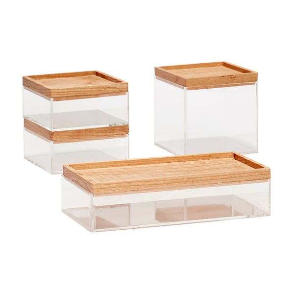 Set 4 cutii transparente de depozitare cu capac din lemn de stejar Hübsch Eluf