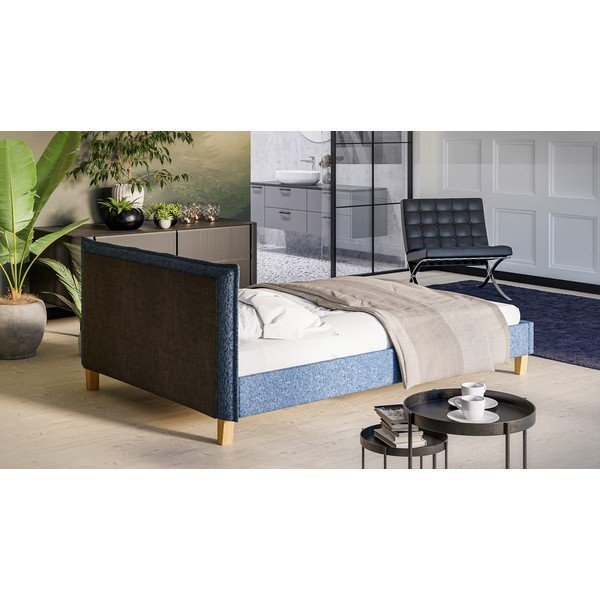 Pat matrimonial albastru cu tăblie și  somieră 140x200 cm Tina – Ropez-image-3