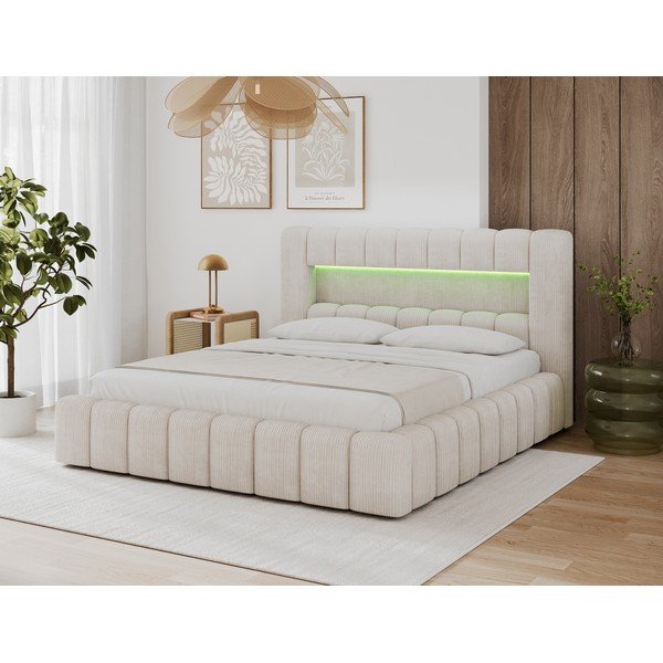 Pat matrimonial bej tapițat cu spațiu de depozitare cu somieră 180x200 cm Lamica – ELTAP-image-2