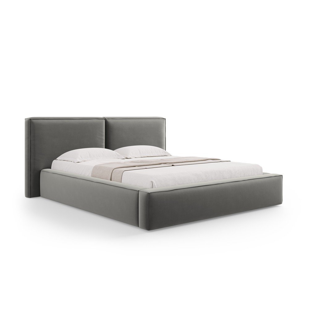 Pat matrimonial gri tapițat din catifea cu spațiu de depozitare cu somieră 180x200 cm Arendal – Cosmopolitan Design