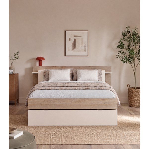 Pat matrimonial alb/în culoare naturală cu aspect de lemn de stejar cu spațiu de depozitare fără somieră 160x200 cm Albo – Marckeric-image-3