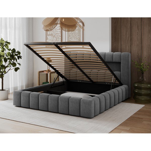 Pat matrimonial gri tapițat cu spațiu de depozitare cu somieră 140x200 cm Lamica – ELTAP-image-3