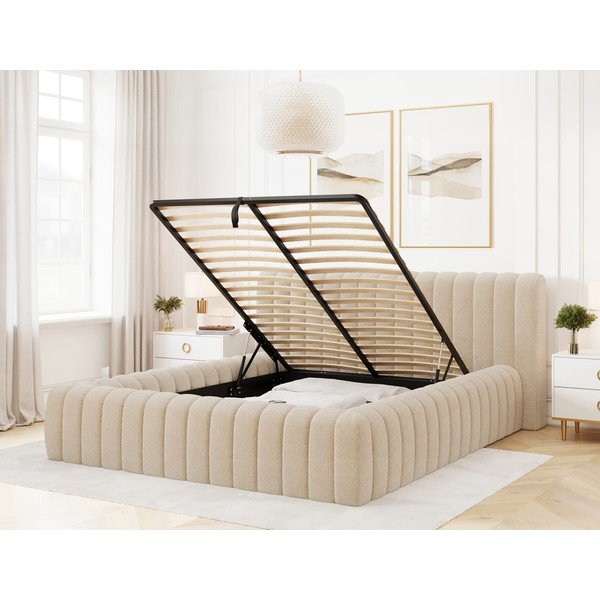 Pat matrimonial bej tapițat cu spațiu de depozitare cu somieră 160x200 cm Carilla – ELTAP-image-2