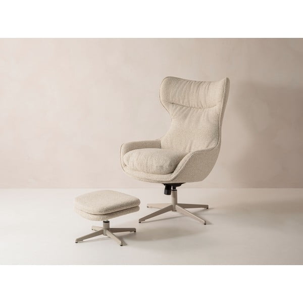 Fotoliu cu taburet bej pivotant cu tapițerie din țesătură bouclé Kenzi – Micadoni -image-3