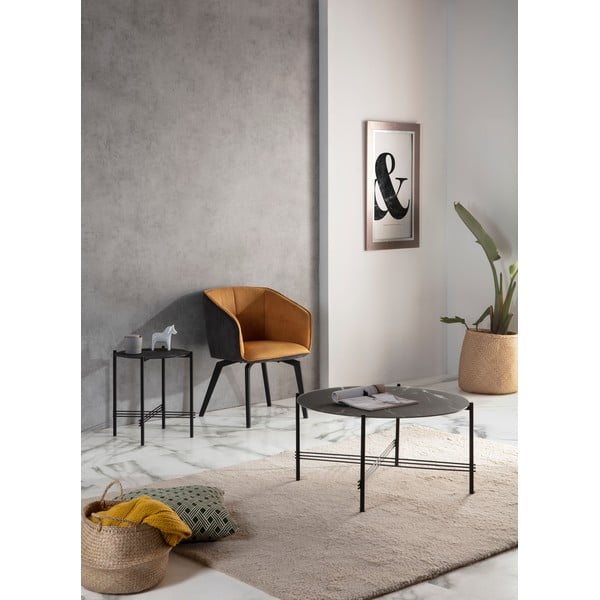 Măsuță de cafea cu blat din sticlă în decor de marmură Marckeric, ø 84 cm, negru-image-1