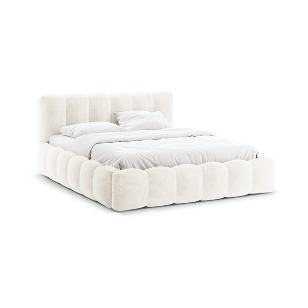 Pat matrimonial crem tapițat cu spațiu de depozitare cu somieră 180x200 cm Lupine – Micadoni Home-image-3
