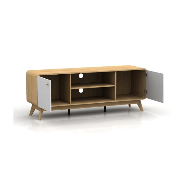 Masă TV albă/în culoare naturală cu aspect de lemn de stejar 140x53 cm Caitlin – Støraa-image-2