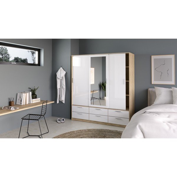 Șifonier alb/cu  aspect de lemn de stejar cu ușă glisantă 181x200 cm Line – Tvilum-image-1
