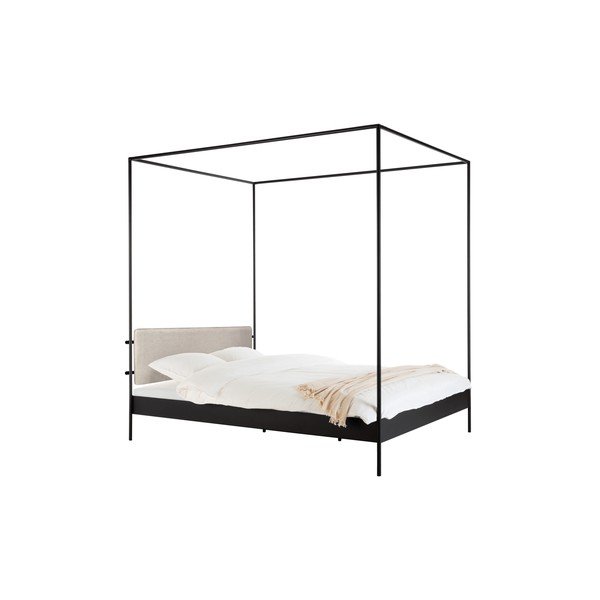 Pat matrimonial negru/bej tapițat din oțel cu baldachin cu somieră 180x200 cm Eton – noo.ma