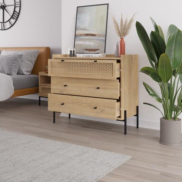 Comodă în culoare naturală joasă cu aspect de lemn de stejar 90x80 cm Mayra – Marckeric-image-3