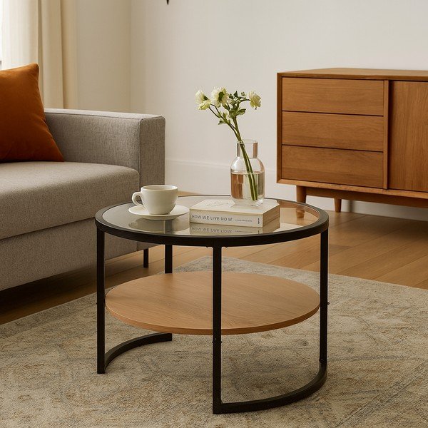 Măsuță de cafea neagră/în culoare naturală rotundă cu aspect de lemn de stejar ø 68 cm Zanu – Bonami Essentials-image-1