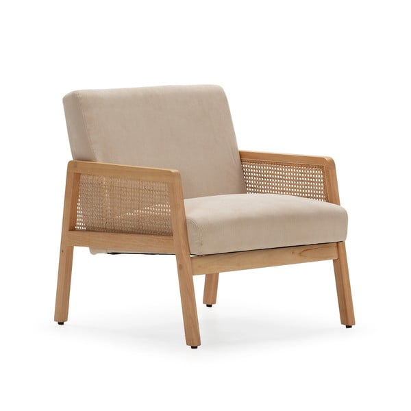 Fotoliu bej țesut cu tapițerie din catifea reiată Debra – Marckeric