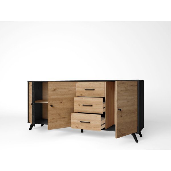 Comodă negru/natural  joasă cu aspect de lemn de stejar 181x81 cm Bocami – Marckeric-image-3