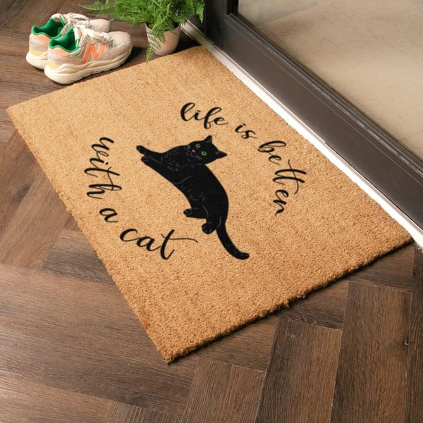 Covoraș de intrare din fibre de nucă de cocos 40x60 cm Life Is Better With a Cat – Artsy Doormats-image-1