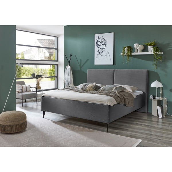 Pat matrimonial gri tapițat cu spațiu de depozitare cu somieră 180x200 cm Lando – Meise Möbel-image-1
