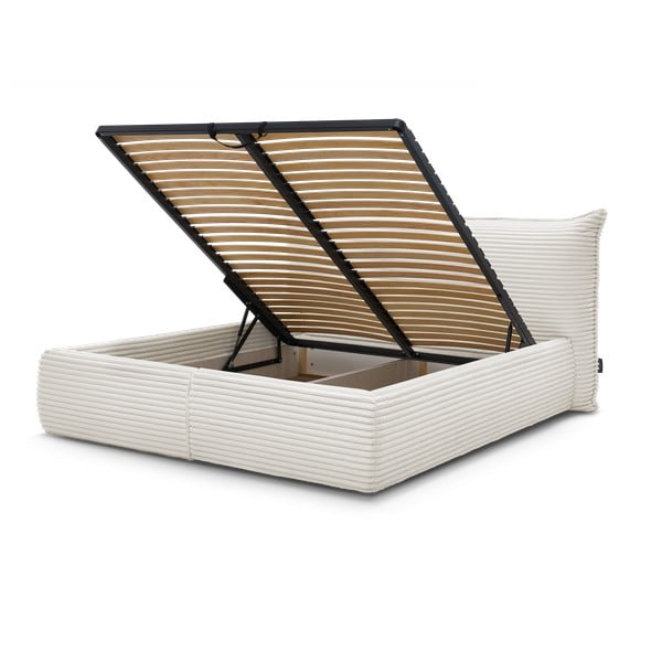 Pat matrimonial crem tapițat cu spațiu de depozitare cu somieră 160x200 cm Jade – Bobochic Paris-image-1