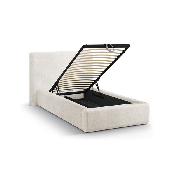 Pat crem tapițat cu spațiu de depozitare cu somieră 90x200 cm Amy – Micadoni -image-1