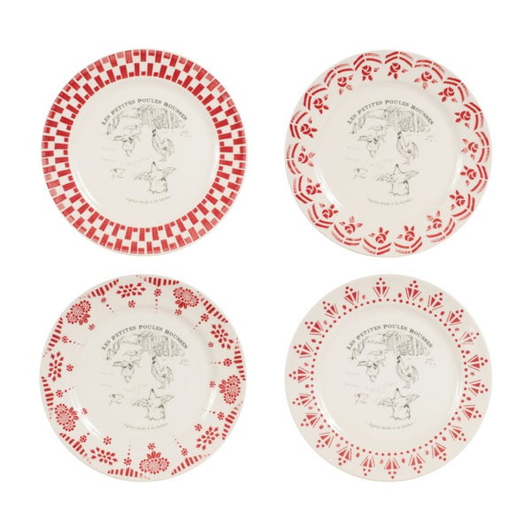 Set 4 farfurii desert Comptoir de Famille Galline, 21 cm, roșu - alb