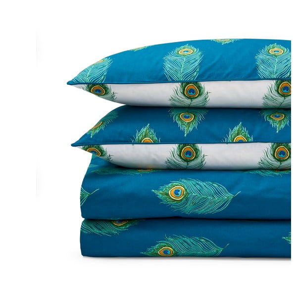 Lenjerie de pat albă/albastru-verde din bumbac pentru pat de o persoană 135x200 cm Peacock Feather – Their Nibs