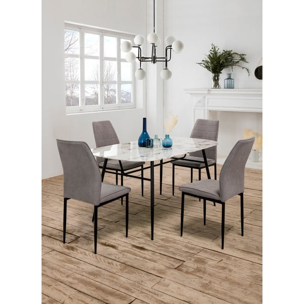 Masă de dining cu blat de sticlă în decor de marmură, Marckeric Alina, alb-image-3