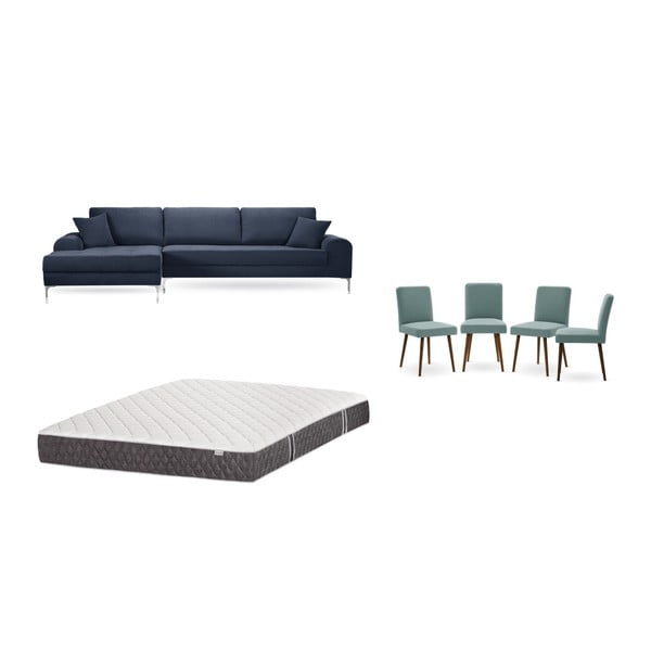 Set canapea albastru închis cu șezut pe partea stângă, 4 scaune gri-verde, o saltea 160 x 200 cm Home Essentials