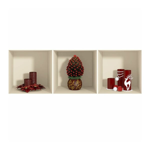 Set 3 autocolantede Crăciun cu efect 3D Ambiance Red Candles and Christmas Tree.