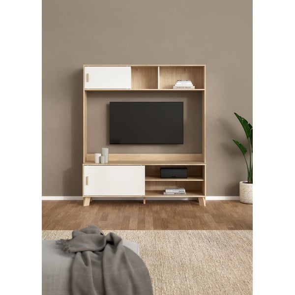 Set TV alb-în culoare naturală cu aspect de lemn de stejar 159x181x48 cm Ikast – Tvilum-image-1