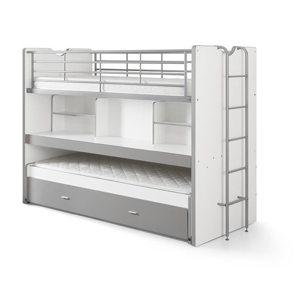 Pat pentru copii  alb-gri supraetajat, cu extensie suplimentară cu spațiu de depozitare cu somieră 90x200 cm Bonny – Vipack