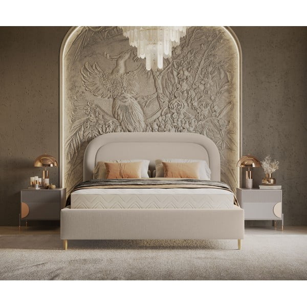 Pat matrimonial bej tapițat cu spațiu de depozitare cu somieră 140x200 cm Mija – Maison de Rêve-image-4