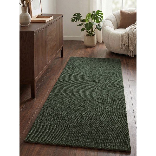 Covor tip traversă verde închis țesut manual din lână 80x300 cm Calmio – Hanse Home-image-1