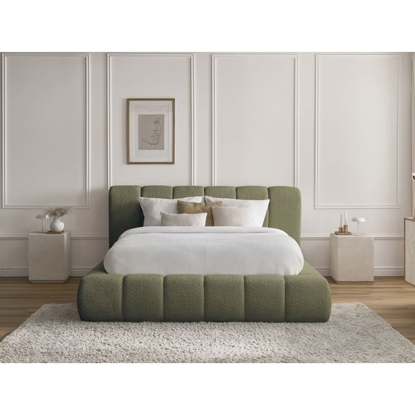Pat matrimonial verde tapițat cu spațiu de depozitare cu somieră 180x200 cm Denali – Bobochic Paris-image-1