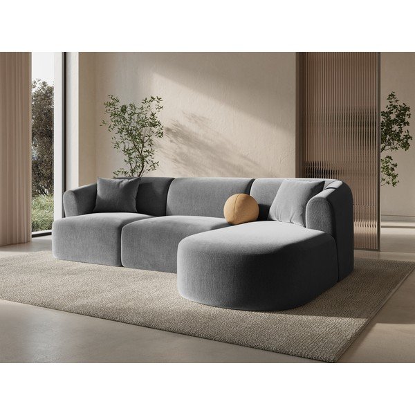 Colțar gri deschis cu tapițerie din catifea (cu colț pe partea dreaptă/cu șezlong) Campi – Cosmopolitan Design-image-1