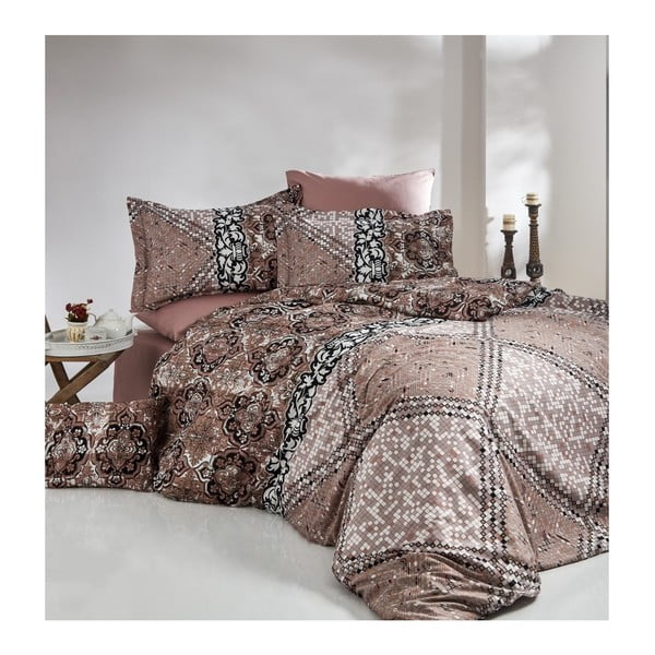 Lenjerie de pat cu cearşaf din bumbac satinat Indigo Crema, 200 x 220 cm