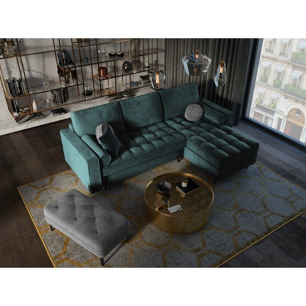 Colțar extensibil din catifea cu șezlong dreapta Milo Casa Santo, verde petrol-image-1