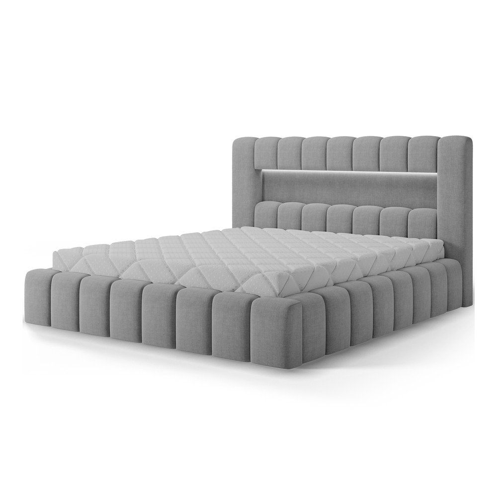 Pat matrimonial gri deschis tapițat cu spațiu de depozitare cu somieră 140x200 cm Lamica – ELTAP