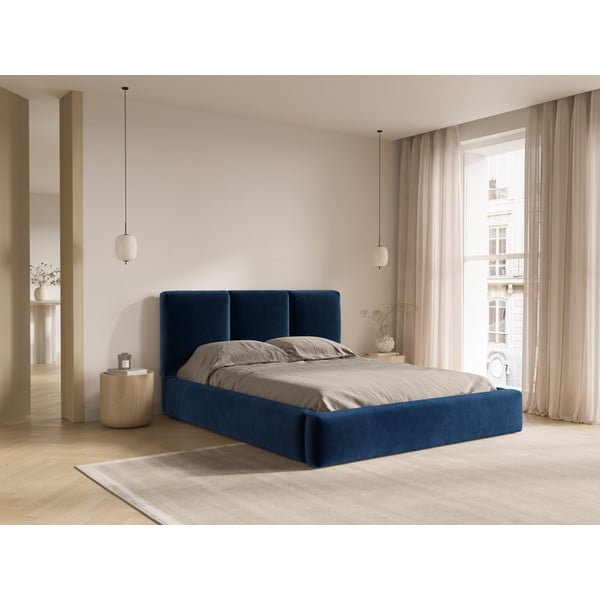 Pat matrimonial albastru închis tapițat din catifea cu spațiu de depozitare cu somieră 160x200 cm Brody – Mazzini Beds-image-1