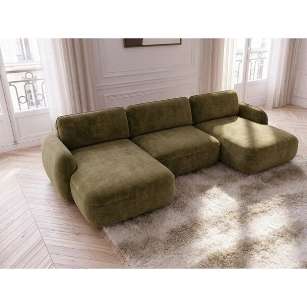 Colțar verde extensibil/cu spațiu de depozitare cu tapițerie din catifea (în formă de "U") Celeste – Bobochic Paris-image-1