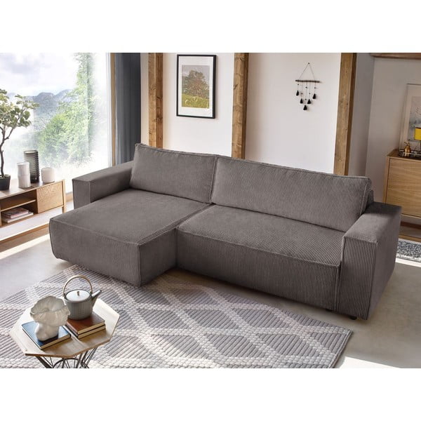 Colțar taupe extensibil/cu spațiu de depozitare cu tapițerie din catifea reiată Nihad – Bobochic Paris-image-1