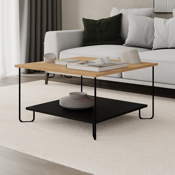 Măsuță de cafea neagră/în culoare naturală cu blat cu aspect de lemn de stejar 80x80 cm Tonka – Marckeric-image-3